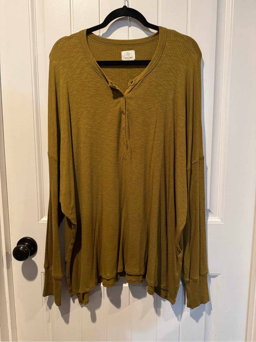 aerie Olive Green Ribbed Side Slit Henley Long Sleeve Top XXL